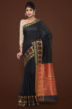 Bhelpuri Black Chanderi Cotton Saree with Red Blouse Piece