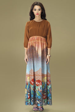 Brown and Multi Colour Georgette Chiffon Gown Style Tunic