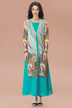 Aqua Georgette Tunic with Multi Colour Chiffon Jacket