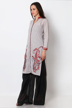 Grey Cotton Embroidered Fancy Kurti