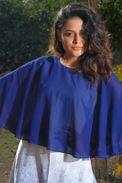 Blue Crepe Digitally Printed Tunic with Attached Blue Georgette Cape