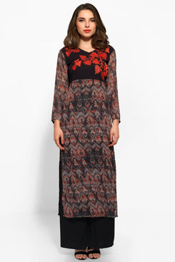 Brown and Black Georgette Embroidered Long Kurta