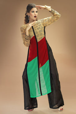 Brown, Red and Green Georgette Printed Kurti