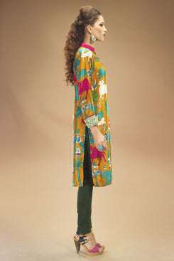 Orange Shaded Crepe Kurti Comprising Nature Print work