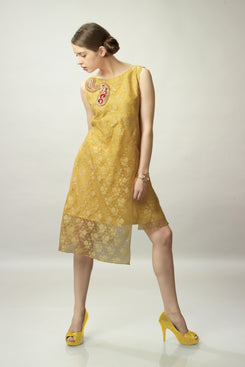 Orange Net Jacquard Sleeveless Kurti