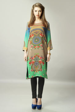 Green and Blue Georgette Digital Print Kurti