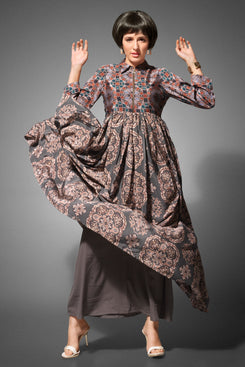 Grey Satin Digital Print Gown Style Tunic