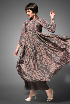 Grey Satin Digital Print Gown Style Tunic