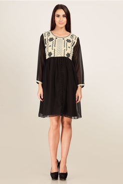 Black and Cream Georgette Embroidered Full Sleeve Kurti