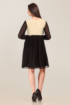 Black and Cream Georgette Embroidered Full Sleeve Kurti