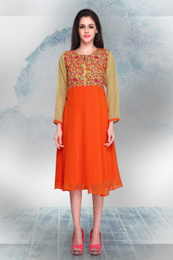 Beige and Orange Georgette Embroidered Tunic