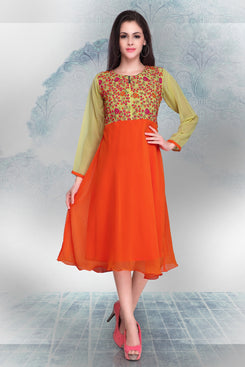 Beige and Orange Georgette Embroidered Tunic