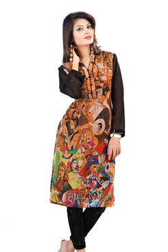 Orange and Black Georgette Digital Printed Kurti