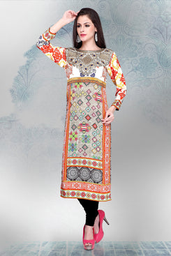 Multi Colour Crepe Embroidered Long Kurti
