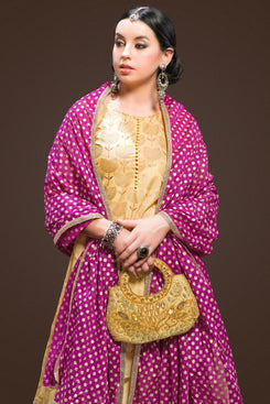 Golden Cotton Cambric Salwar Suit with Purple Cotton Mul Crush Dupatta