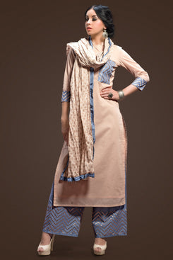Beige Cotton Cambric Salwar Suit with Grey Cotton Mul Crush Dupatta