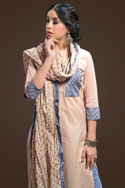 Beige Cotton Cambric Salwar Suit with Grey Cotton Mul Crush Dupatta