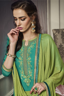 Bhelpuri Aqua Green Cotton Satin Semi-stitched Patiala Style Salwar Suit with Bottom and Dupatta