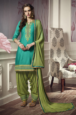 Bhelpuri Aqua Green Cotton Satin Semi-stitched Patiala Style Salwar Suit with Bottom and Dupatta