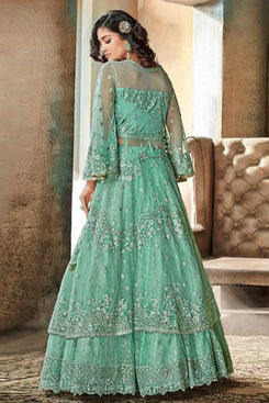 Bhelpuri Aqua Green Net Embroidered Semi-stitched Designer Party Wear Gown Style Fancy Suit with Bottom and Dupatta
