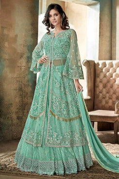 Bhelpuri Aqua Green Net Embroidered Semi-stitched Designer Party Wear Gown Style Fancy Suit with Bottom and Dupatta
