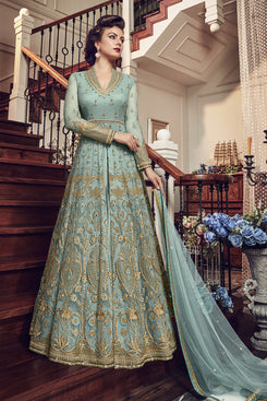 Bhelpuri Aqua Green Banglori Silk Heavy Embroidered Semi-stitched Designer Fancy Salwar Kameez with Bottom and Dupatta