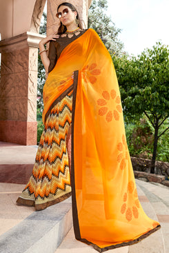 Bhelpuri Yellow Georgette Printed Saree with Art Silk Blouse Piece