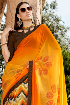 Bhelpuri Yellow Georgette Printed Saree with Art Silk Blouse Piece