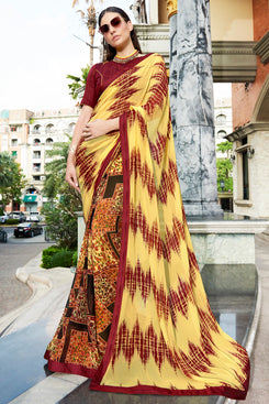 Bhelpuri Multi Colour Georgette Printed Saree with Maroon Art Silk Blouse Piece