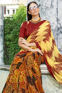 Bhelpuri Multi Colour Georgette Printed Saree with Maroon Art Silk Blouse Piece